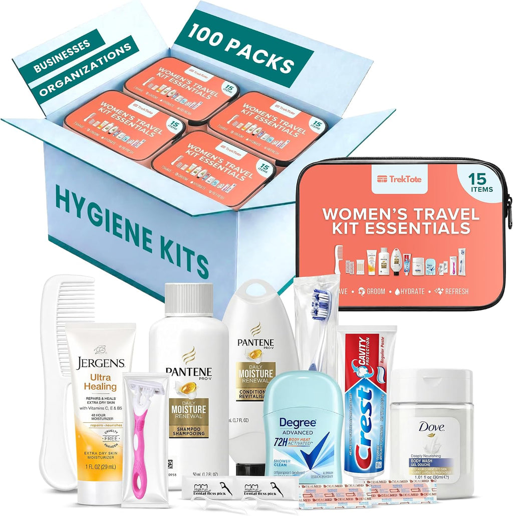 Bulk Women's Hygiene Kits 15 Piece Travel Toiletry Kit with Shampoo Conditioner Body Wash Lotion Deodorant Razor Toothbrush Toothpaste Comb Flossers Swabs Bandages Wipes