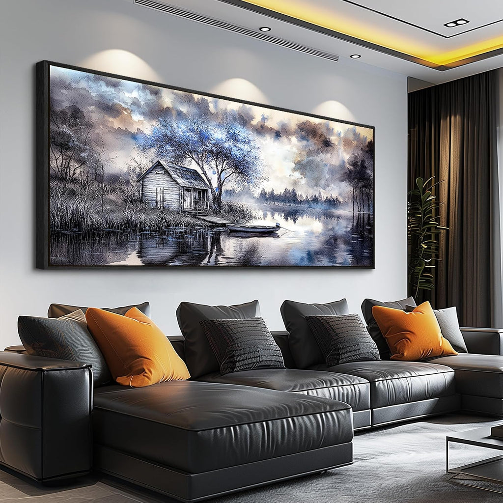 ERQINHUA Large Canvas Blue Tree Lakeside Landscape Painting Wall Decor For Living Room Restaurant Wall Art For Office Bedroom Artwork Pictures Modern Home Decor Ready To Hang Black Framed 32x72 In