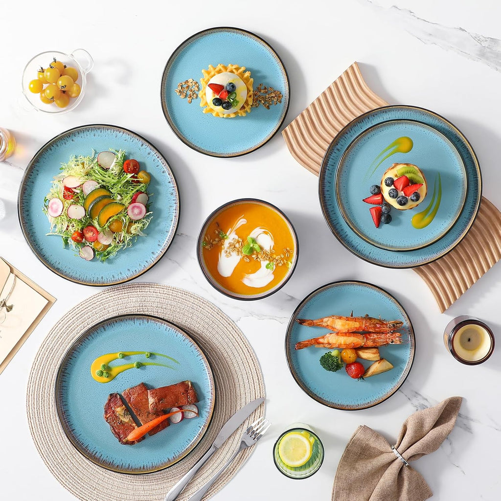 vancasso Plates and Bowls Sets, 18 Pieces Stoneware Dinnerware Sets for 6, Kitchen Dish Set Mircowave and Dishwasher Safe Ceramic Dishware, Blue, Series AMBER