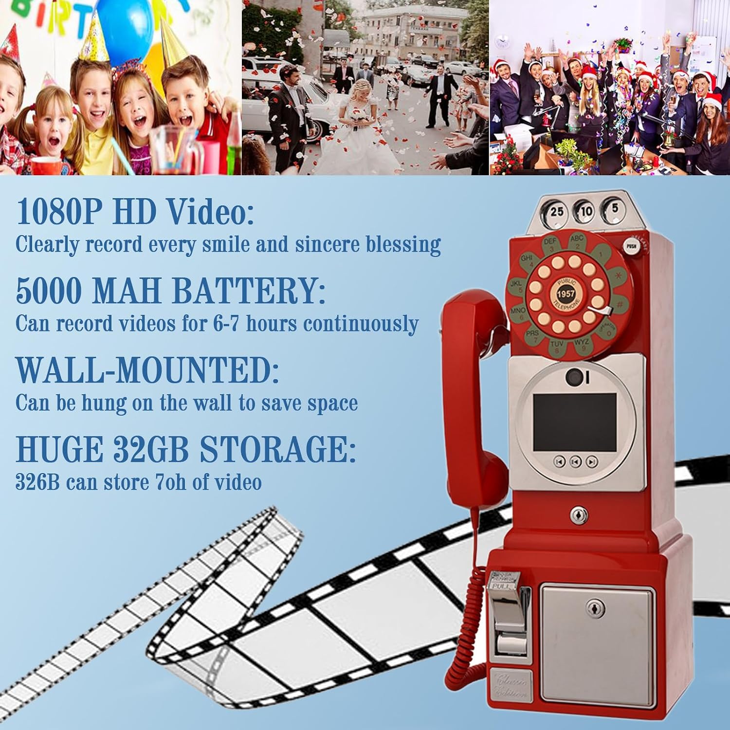 Video & Audio Guest Book, Wedding Phone Guestbook with Lens Recording, 32G Memory Card, 1080p HD Video Guestbook for Engagements/Anniversaries/Graduation,Red