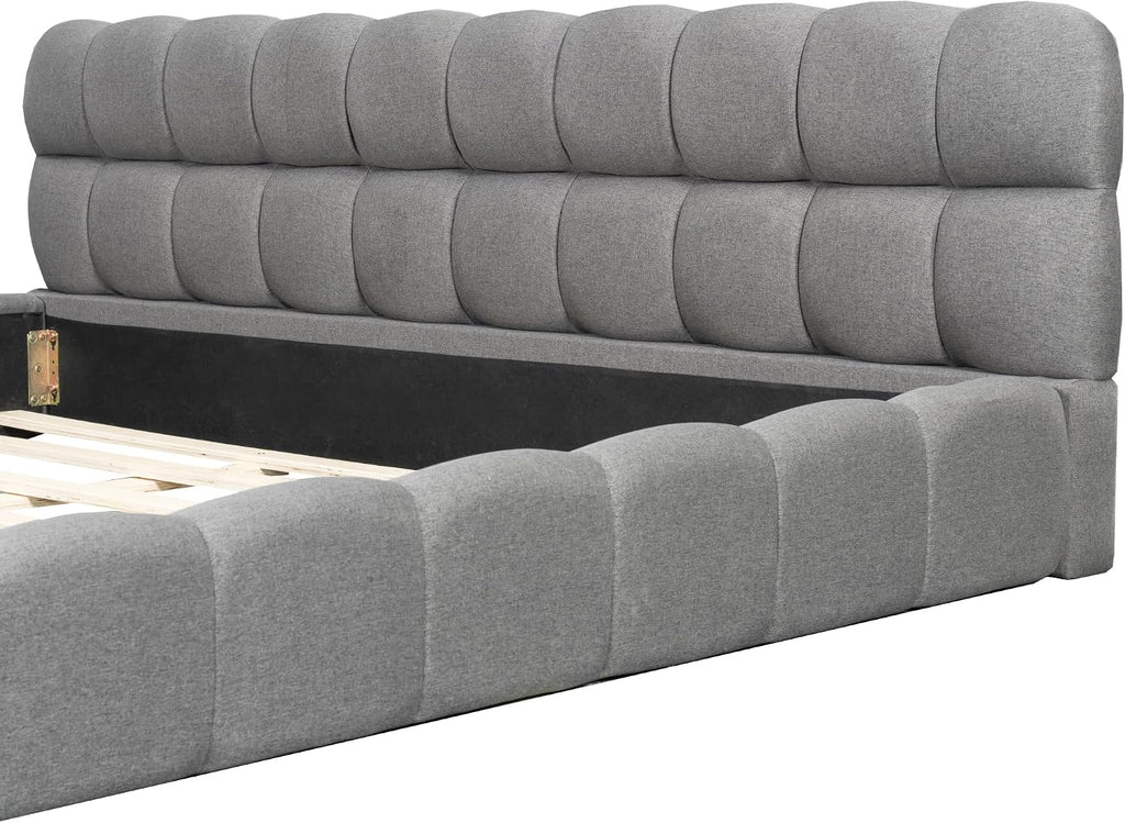 King Size Upholstered Platform Bed with Thick Fabric, Grounded Bed with Solid Frame, Gray