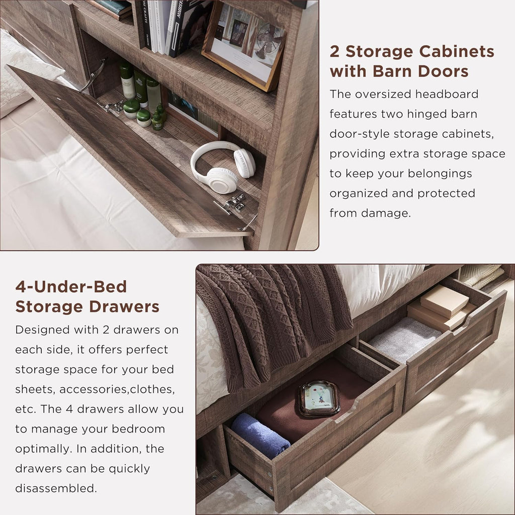 ACCOHOHO King Size Bed Frame with 52' High Storage Headboard and 4 Drawers,Wood Bed Frame with LED Light and Charging Station,Warm Brown