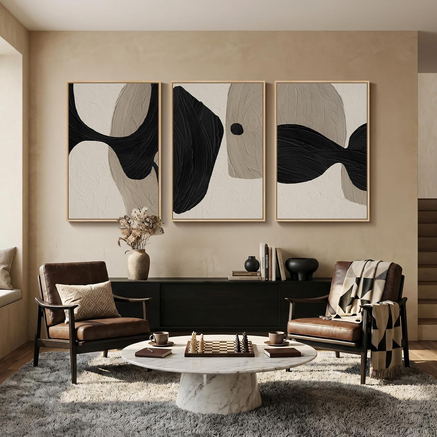 Large Framed Neutral Abstract Wall Art for Living Room, 3 Piece Black and Beige Canvas Artwork for Walls, Abstract Modern Minimalist Painting Prints Wall Decor for Hallway Dining Room Office, 24x36 In