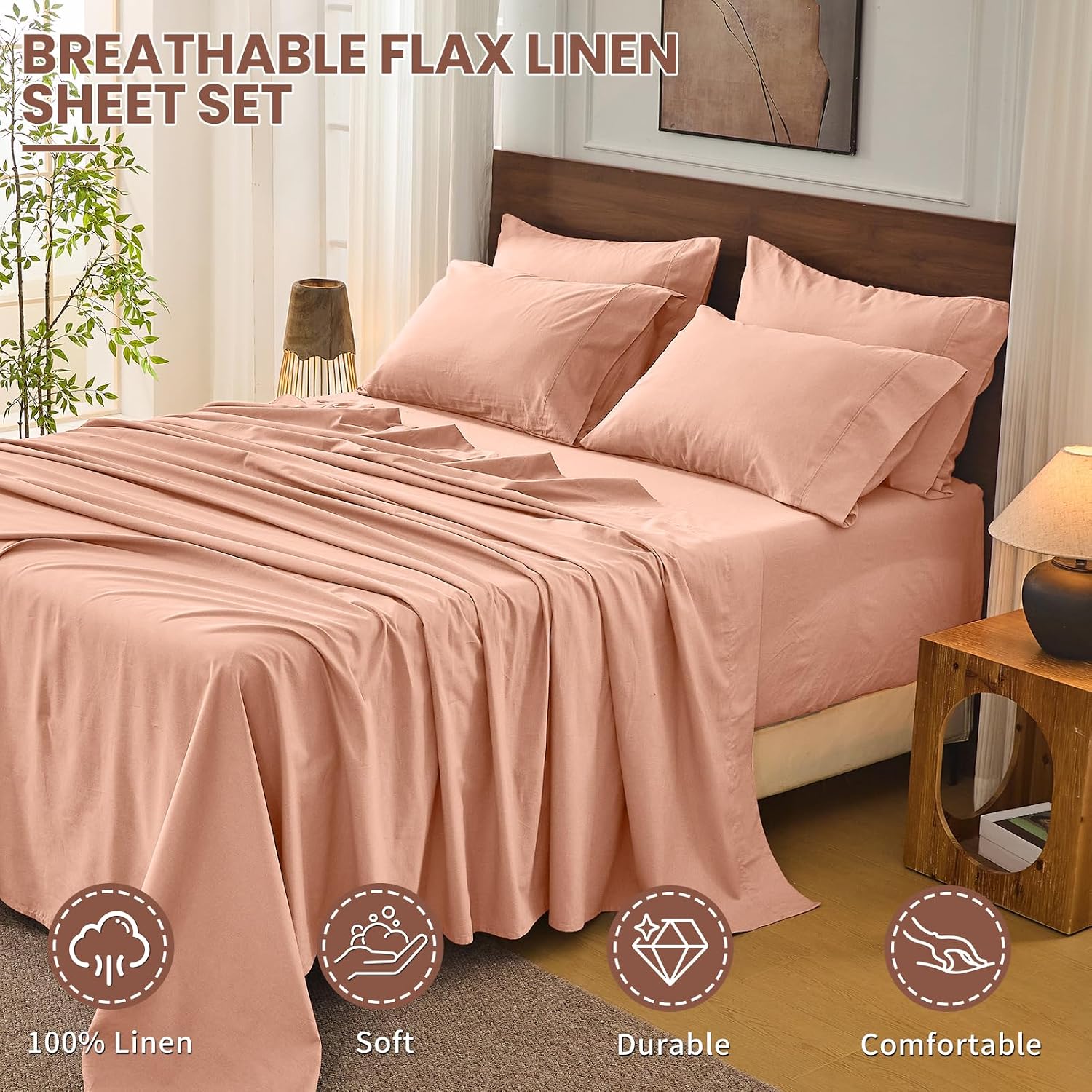 Bedlifes 100% French Linen Sheets California King Size 18-24' Extra Deep Pocket 4-Piece Set Breathable & Moisture-Wicking,Soft & Durable Sheets for Thick Mattresses(Blush Pink)