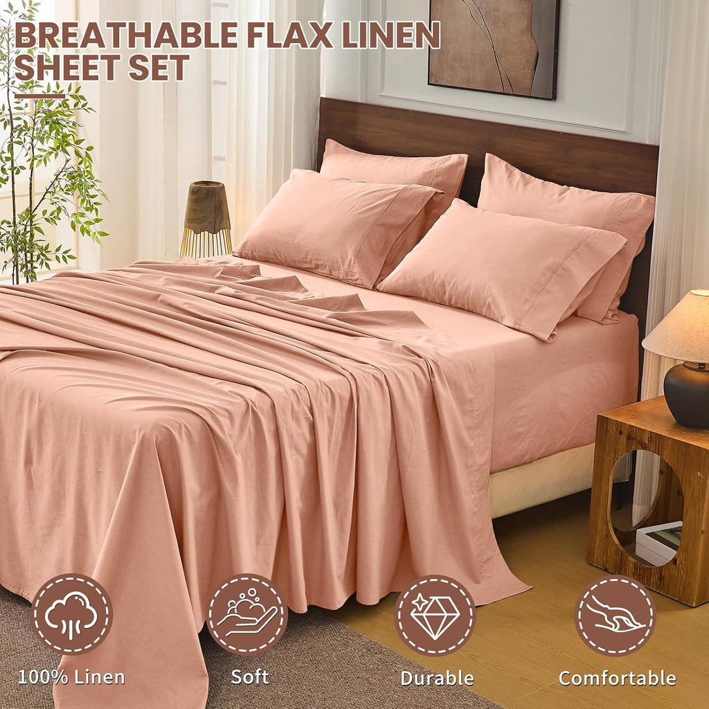 Bedlifes 100% French Linen Sheets King Size 18-24'Extra Deep Pocket 4-Piece Set Breathable & Moisture-Wicking,Soft & Durable Sheets for Thick Mattresses(Blush Pink)