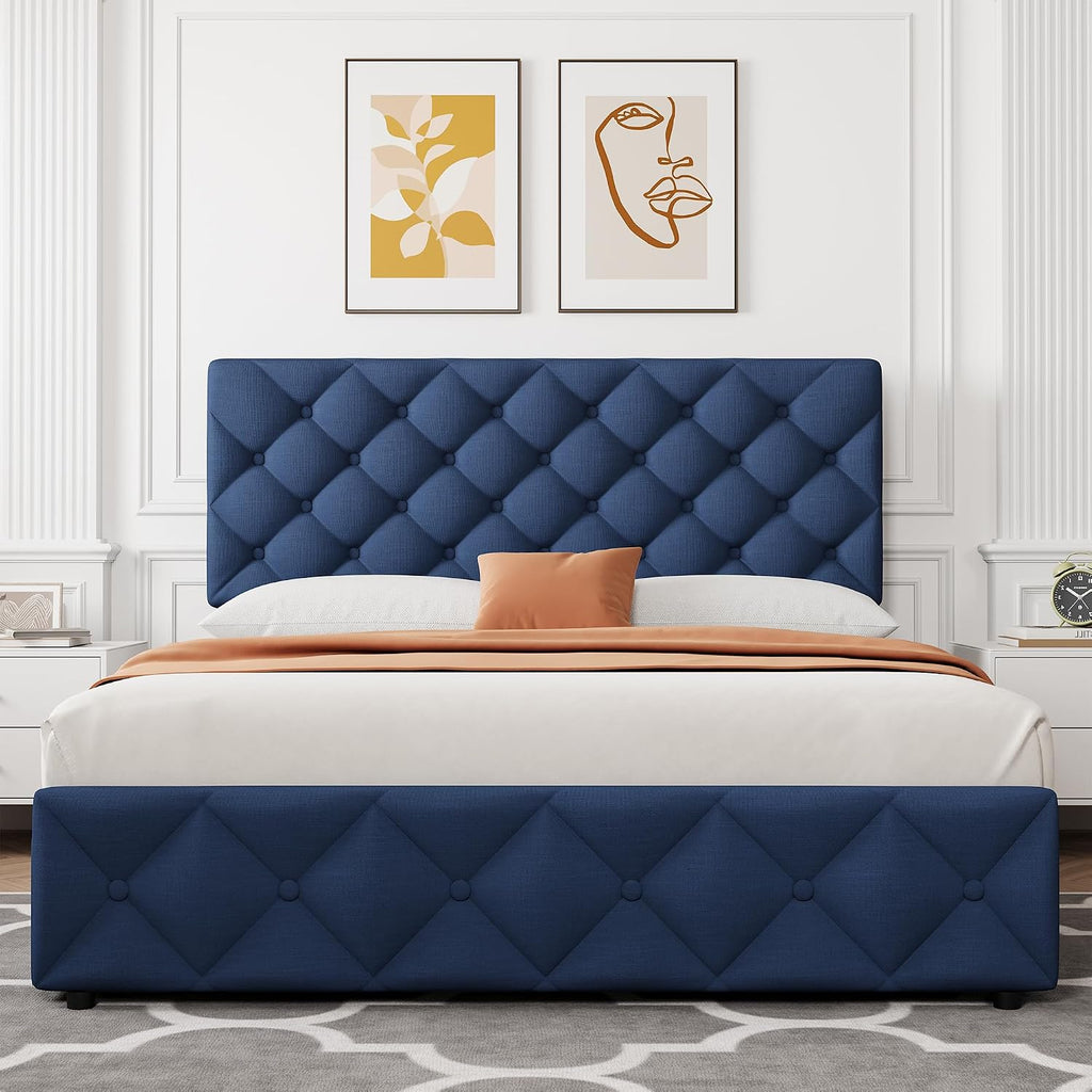 IDEALHOUSE Queen Size Bed Frame with 4 Storage Drawers and Adjustable Headboard, Linen Upholstered Platform Beds, Diamond Stitched Button Tufted, No Box Spring Needed, Blue