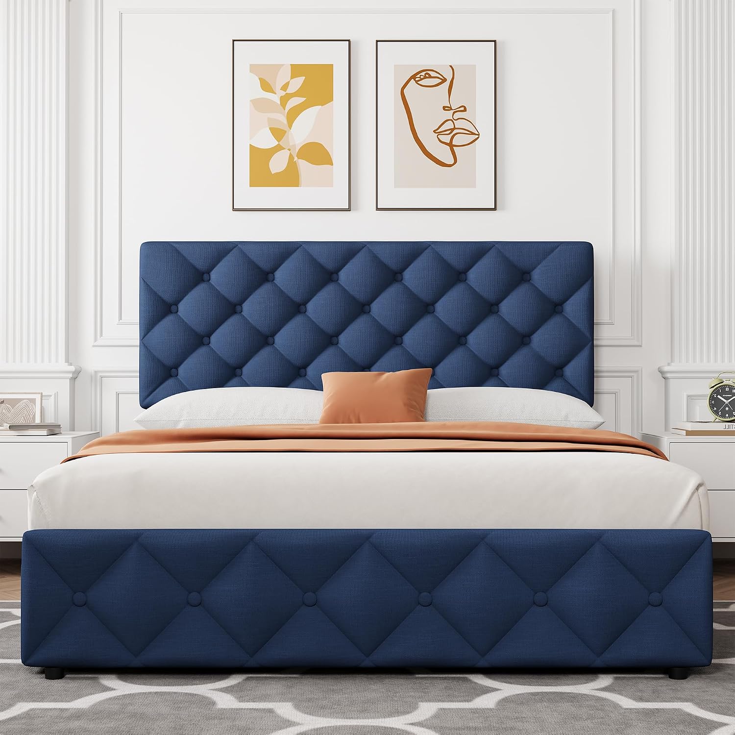 IDEALHOUSE Queen Size Bed Frame with 4 Storage Drawers and Adjustable Headboard, Linen Upholstered Platform Beds, Diamond Stitched Button Tufted, No Box Spring Needed, Blue