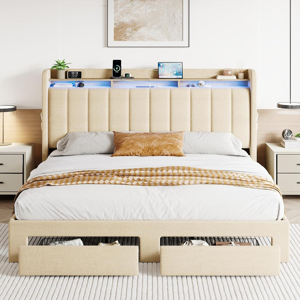 SHA CERLIN King Size Platform Bed Frame with Vertical Channel Tufted Wingback Headboard & 2 Storage Drawers/2-Tier Shelves with LED Lights & Charging Station/Noise-Free/No Box Spring Needed/Beige
