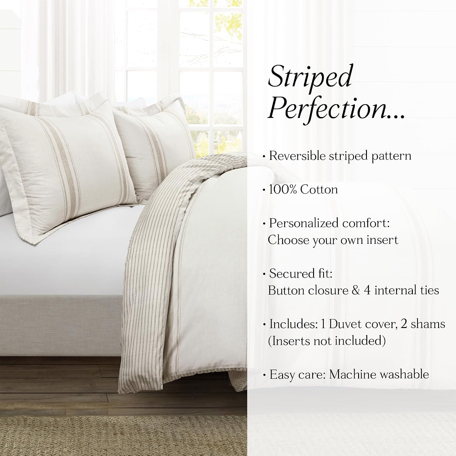 Lush Decor Farmhouse Stripe Reversible Cotton Duvet Cover King Size 3 Piece Set Neutral - Farmhouse Bedding Set King - Striped Duvet Cover