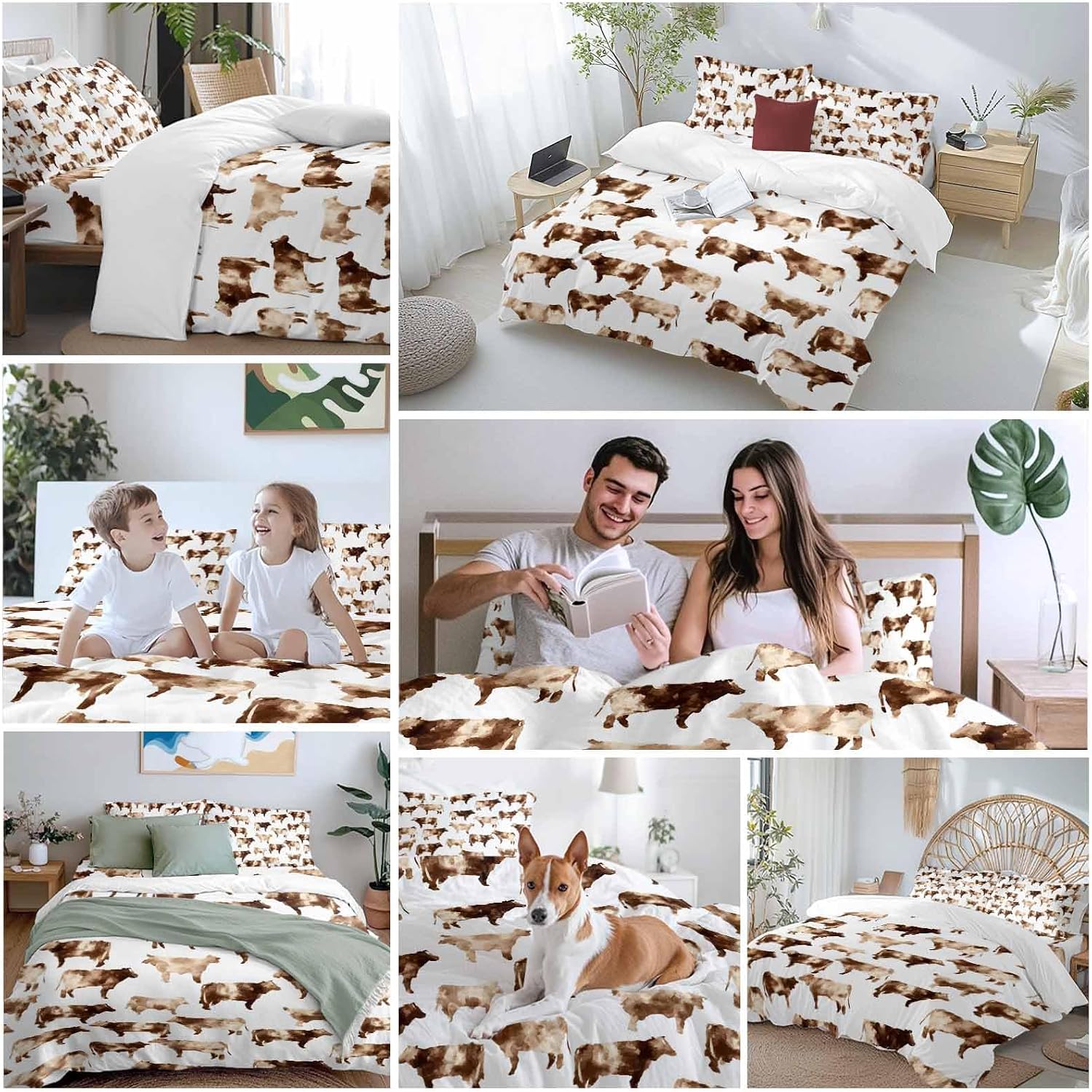 Farmhouse Cow Duvet Cover Set Queen Size 4 Pieces Watercolors Beige Brown Rustic Farm Animal Bedding Set with Zipper Closure, 1 Comforter Cover 92x106 Inches 1 Flat Sheet & 2 Pillow Cases