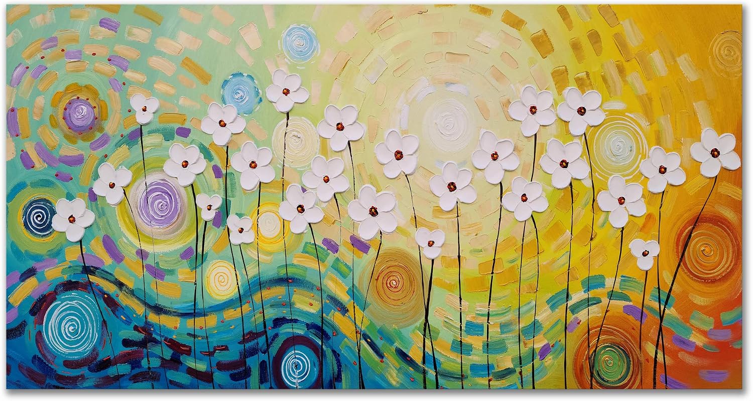 Yihui Arts Hand-Painted Textured Floral Wall Art, Vibrant Abstract Flower Canvas Painting with Thick Textures, Modern Boho Decor for Living Room Bedroom, Colorful Blooming Daisy Artwork