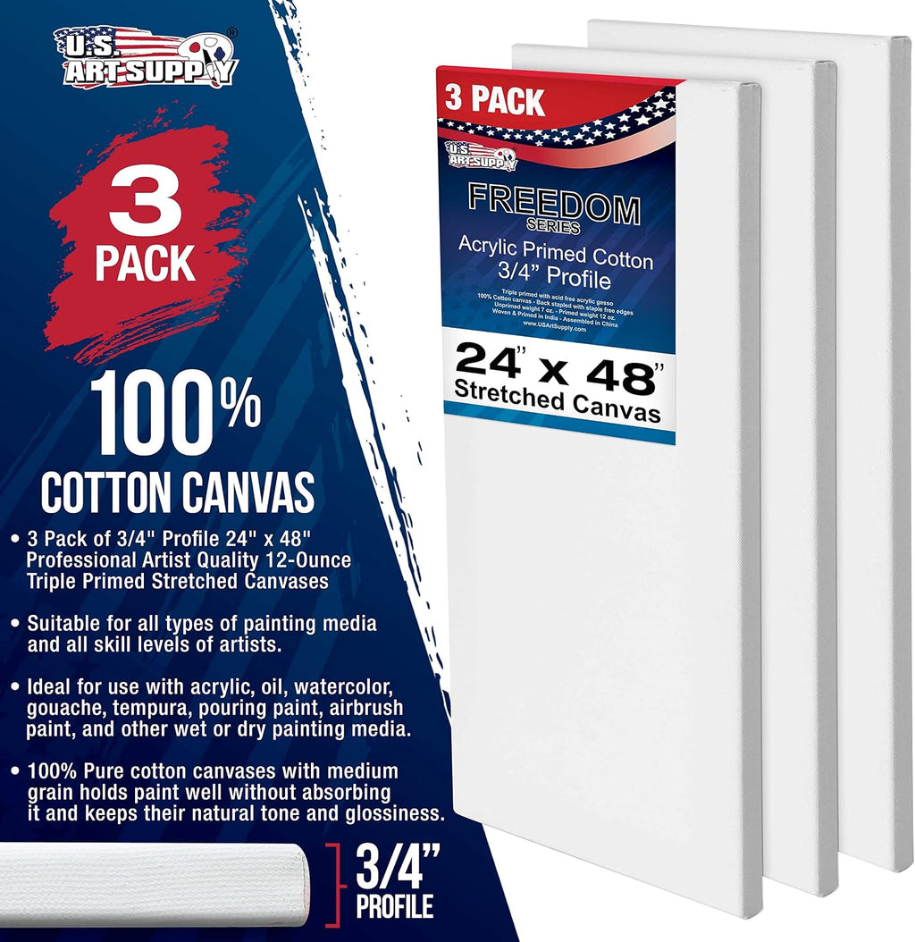U.S. Art Supply 24 x 48 inch Stretched Canvas 12-Ounce Primed 3-Pack - Professional White Blank 3/4' Profile Heavy-Weight Gesso Acid Free Bulk Pack - Painting, Acrylic Pouring, Oil Paint