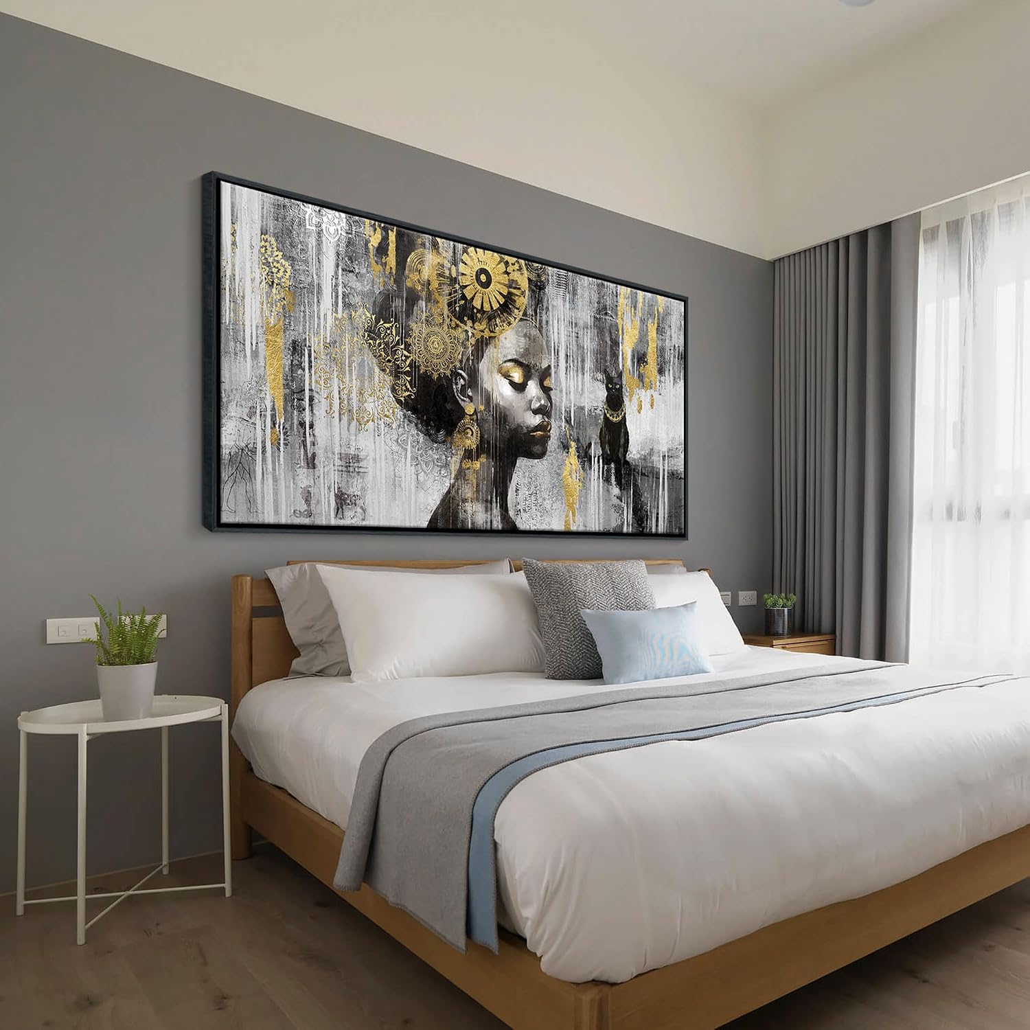 KLAKLA Black and Gold Wall Art - African American Black Girl Wall Art Colorful Black African Woman Canvas Picture Framed Wall Decor for Living Room Bedroom Home Decoration