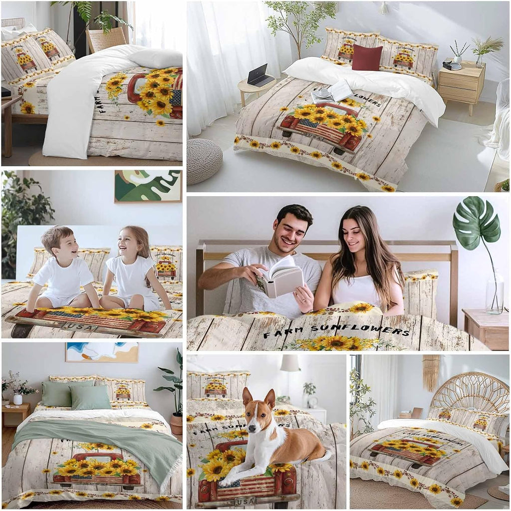Farm Sunflowers Duvet Cover Set Queen Size 4 Pieces Summer Floral Truck Leaves Fruit Wood Grain Bedding Set with Zipper Closure, 1 Comforter Cover 86x86 Inches 1 Flat Sheet & 2 Pillow Cases