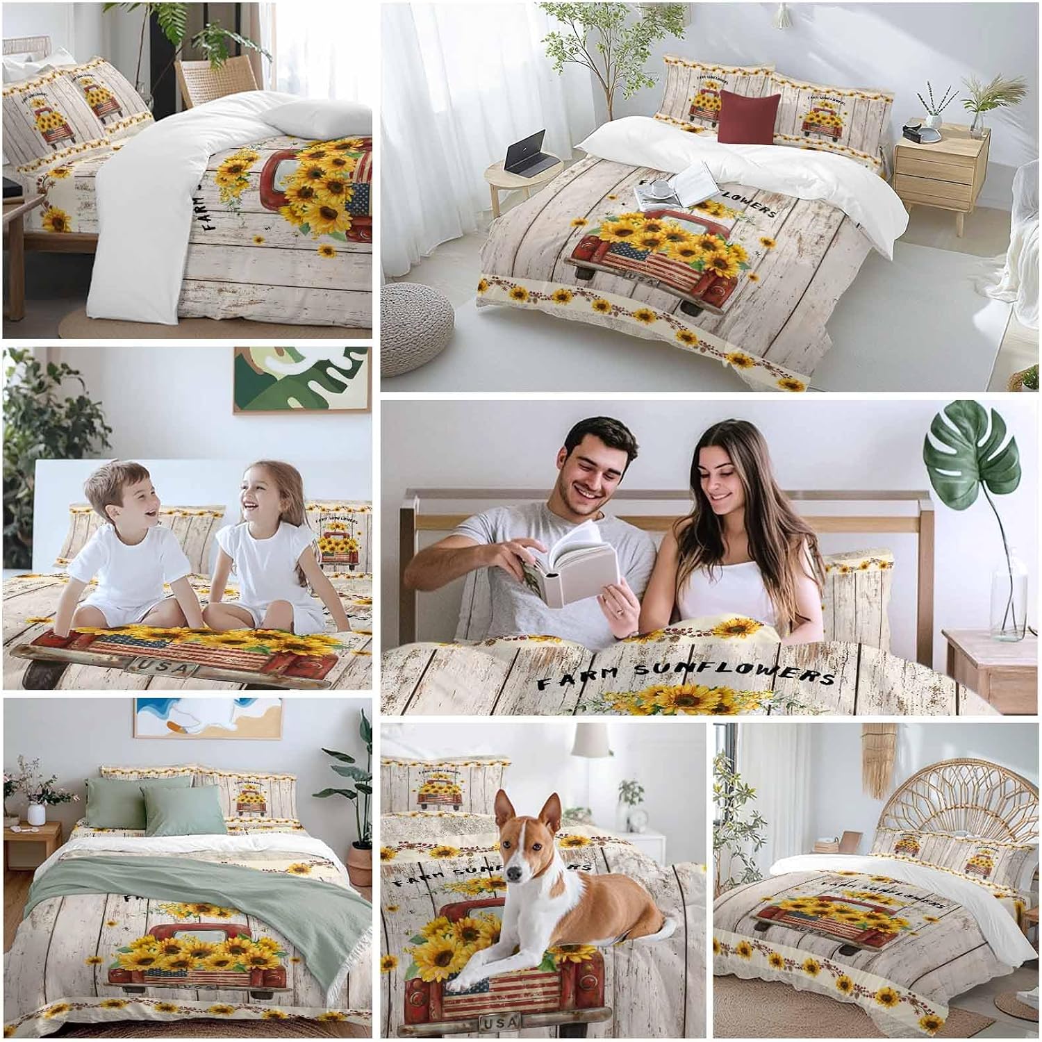 Farm Sunflowers Duvet Cover Set Queen Size 4 Pieces Summer Floral Truck Leaves Fruit Wood Grain Bedding Set with Zipper Closure, 1 Comforter Cover 86x86 Inches 1 Flat Sheet & 2 Pillow Cases