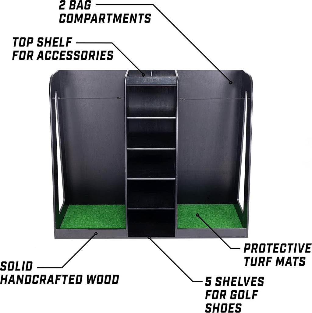GoSports Premium Wooden Golf Bag Organizer and Storage Rack - Black, White or Brown Finish - Holds 2 Golf Bags