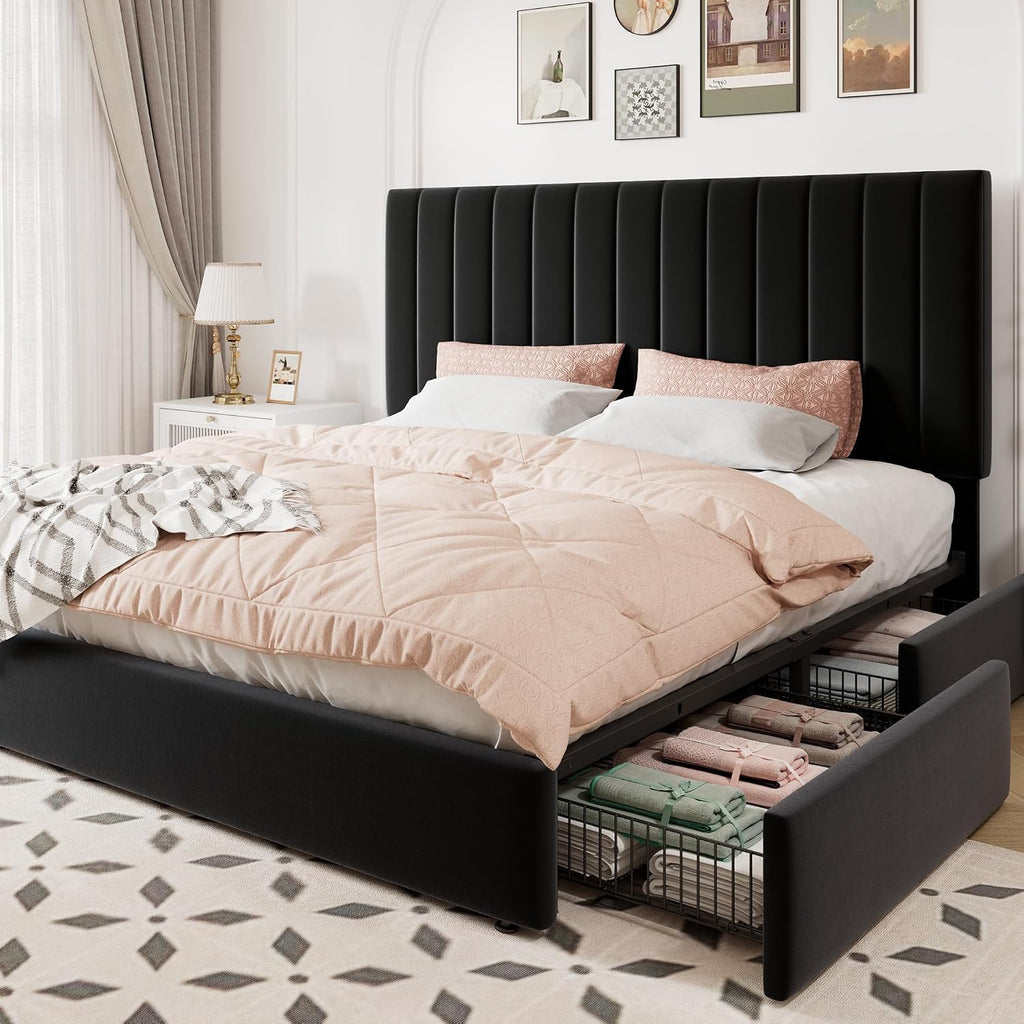 Allewie King Size Storage Bed Frame, Vertical Channel Tufted Adjustable Headboard, Velvet Upholstered Platform Bed with 4 Oversized Underbed Drawers, Wooden Slats Support, No Box Spring Needed, Black