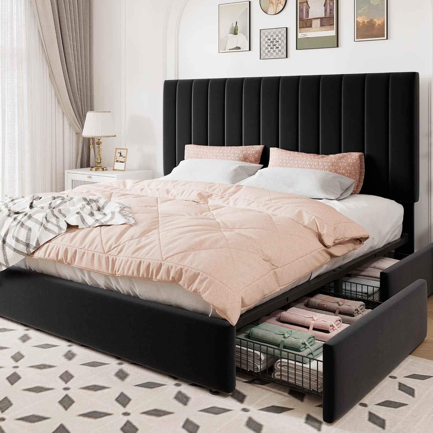 Allewie King Size Storage Bed Frame, Vertical Channel Tufted Adjustable Headboard, Velvet Upholstered Platform Bed with 4 Oversized Underbed Drawers, Wooden Slats Support, No Box Spring Needed, Black