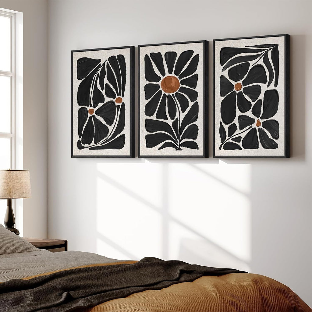 Large Framed Boho Floral Wall Art for Living Room, 3 Piece Mid-Century Modern Abstract Botanical Canvas Painting Prints Artwork for Walls, Black and White Flowers for Bedroom Hallway Office, 24x36