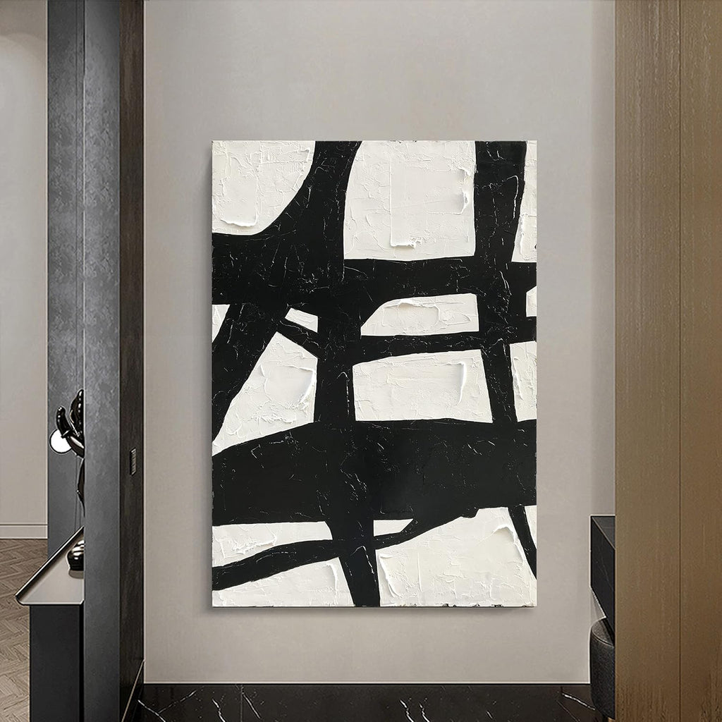 NANKAI Art Hand Painted Large Black and White Abstract contemporary minimalist oil painting work It is suitable for decorating the interior office walls and its size is 48x36 inches