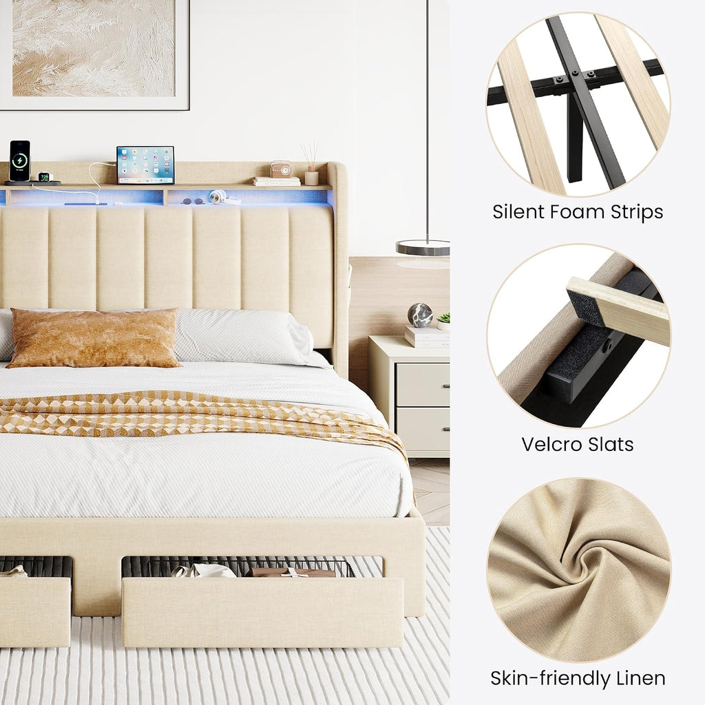 SHA CERLIN King Size Platform Bed Frame with Vertical Channel Tufted Wingback Headboard & 2 Storage Drawers/2-Tier Shelves with LED Lights & Charging Station/Noise-Free/No Box Spring Needed/Beige