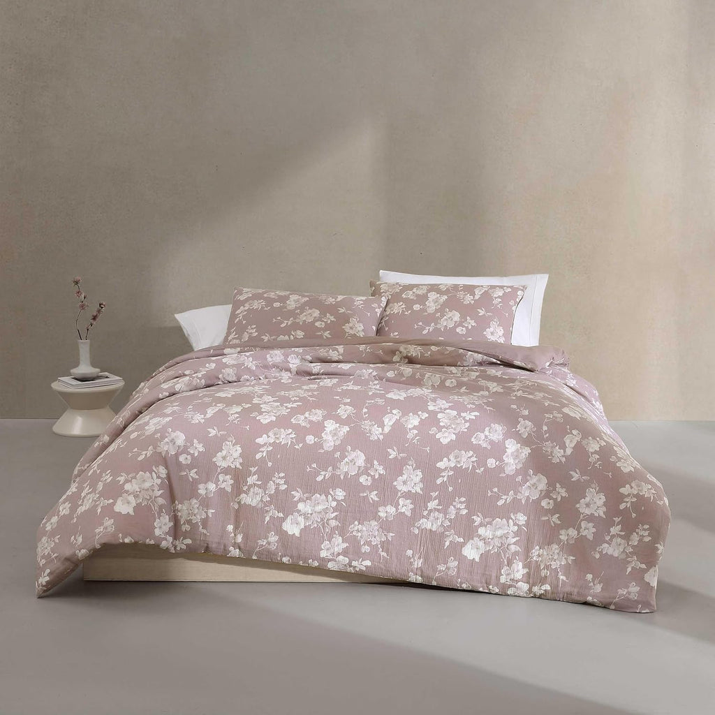 Calvin Klein - Queen Duvet Cover Set, 100% Soft Cotton Gauze Bedding, Button Closure & Inner Corner Ties, 3 Piece Bed Set with Matching Pillowcases (Eternity Floral Pink)