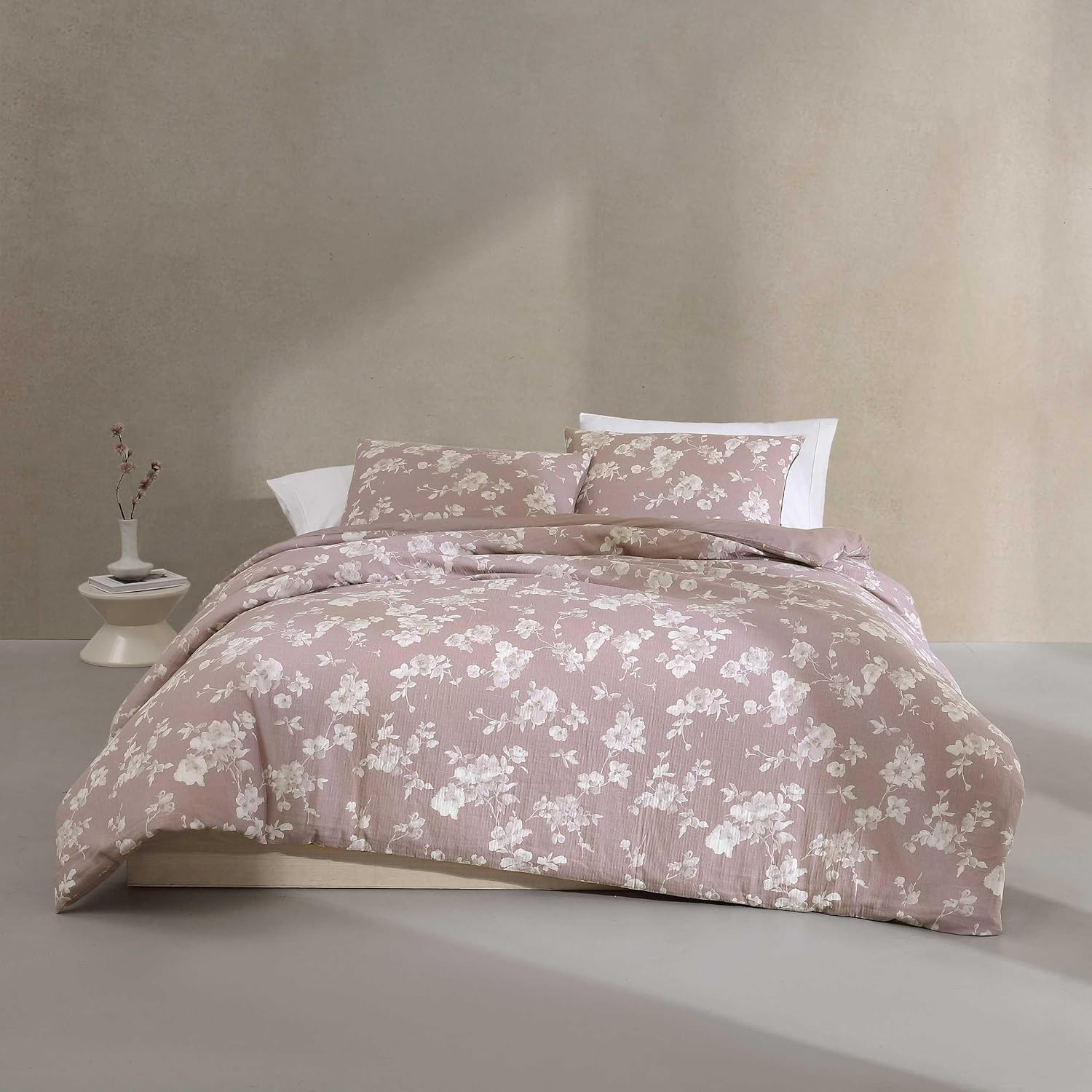 Calvin Klein - Queen Duvet Cover Set, 100% Soft Cotton Gauze Bedding, Button Closure & Inner Corner Ties, 3 Piece Bed Set with Matching Pillowcases (Eternity Floral Pink)