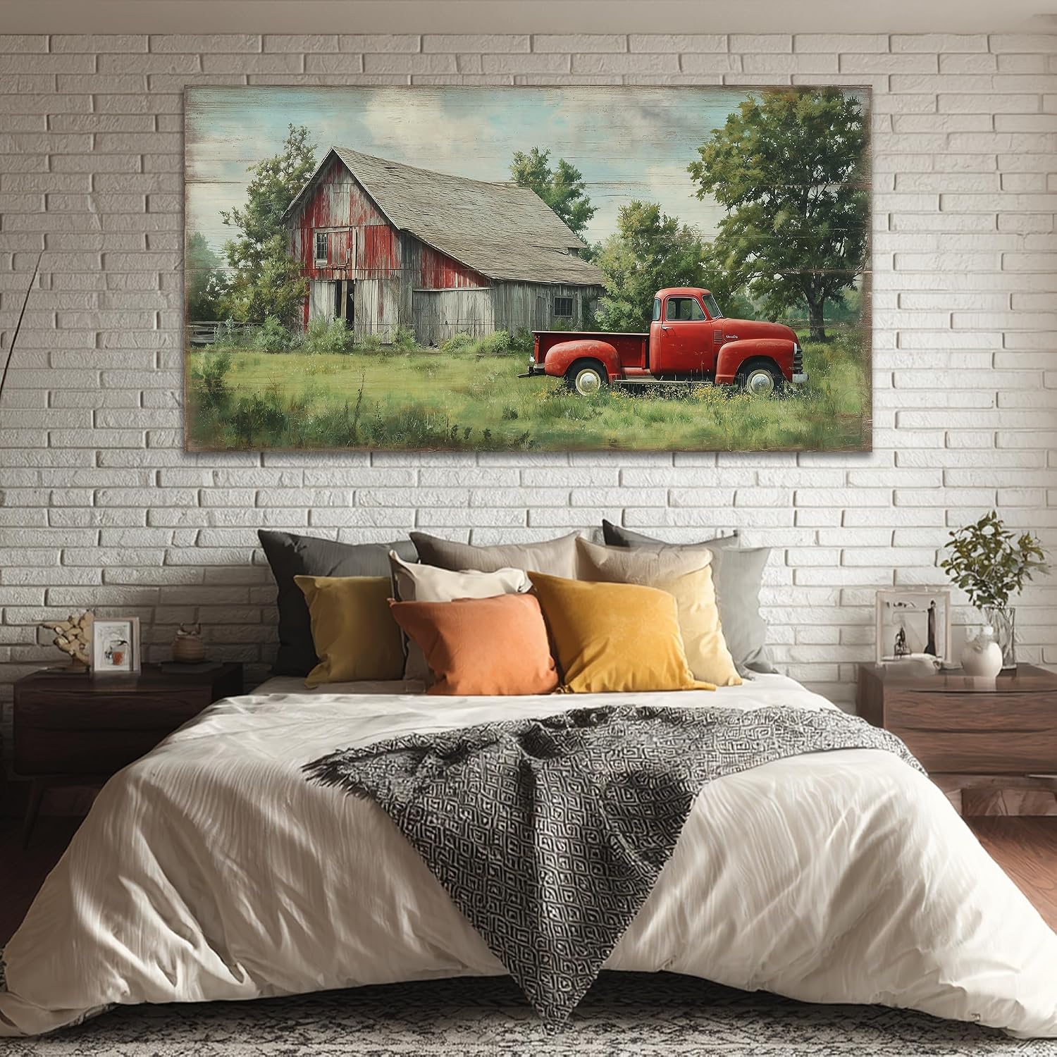 TIMUBA Rustic Farmhouse Truck Wall Art, Spring Farmhouse Canvas Wall Art Country Landscape Painting, Vintage Red Truck and Old Barn Pictures Wall Decor, Green Tree Artwork for Living Room 60x30 Inches