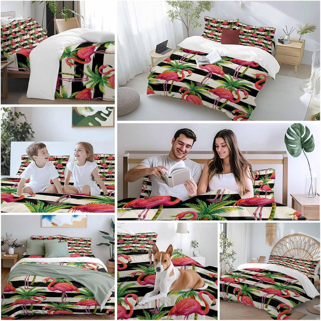 Prime Leader Pink Flamingo Duvet Cover Set Queen Size 4 Pieces Palm Leaf White Black Striped Vintage Bedding Set with Zipper Closure, 1 Comforter Cover 90x92 Inches 1 Flat Sheet & 2 Pillow Cases