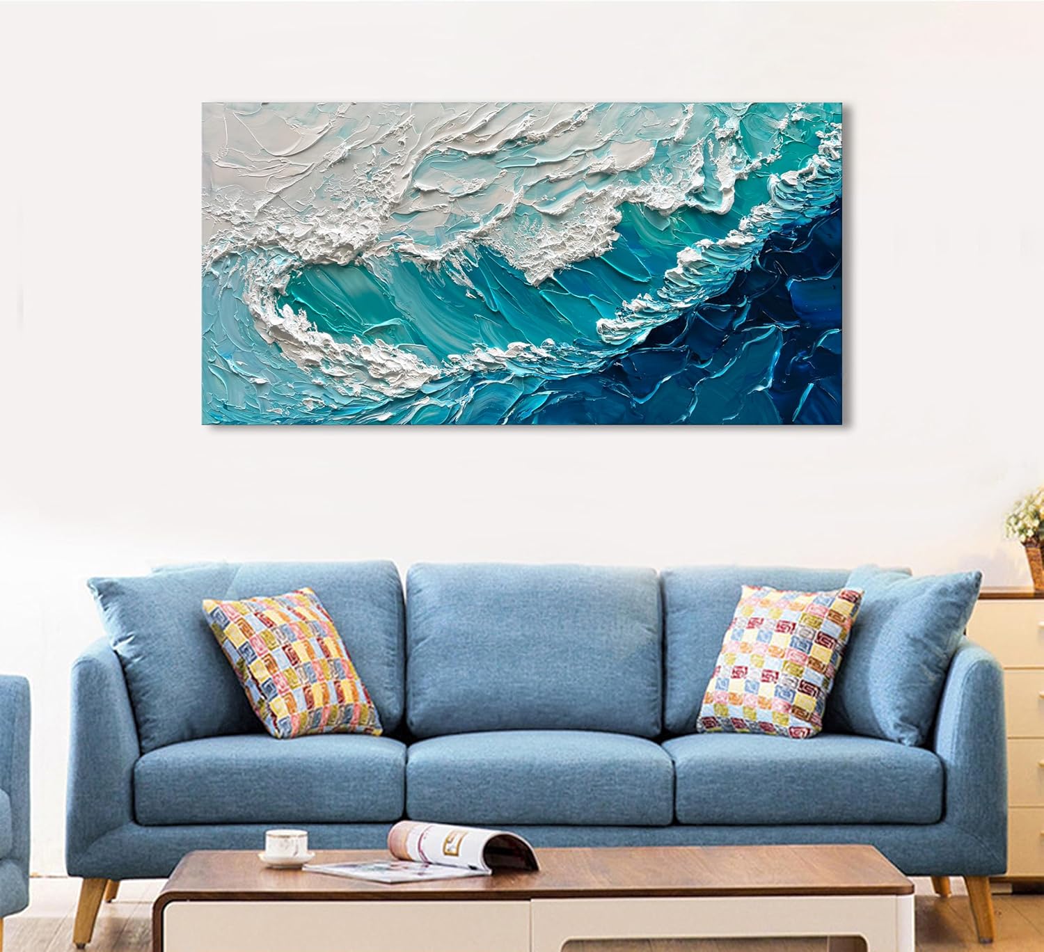 NANKAI 24x48 Inches Blue Thick Texture Abstract Oil Painting Hand-Painted Ocean Landscape Oil Painting Home Wall Art Deco