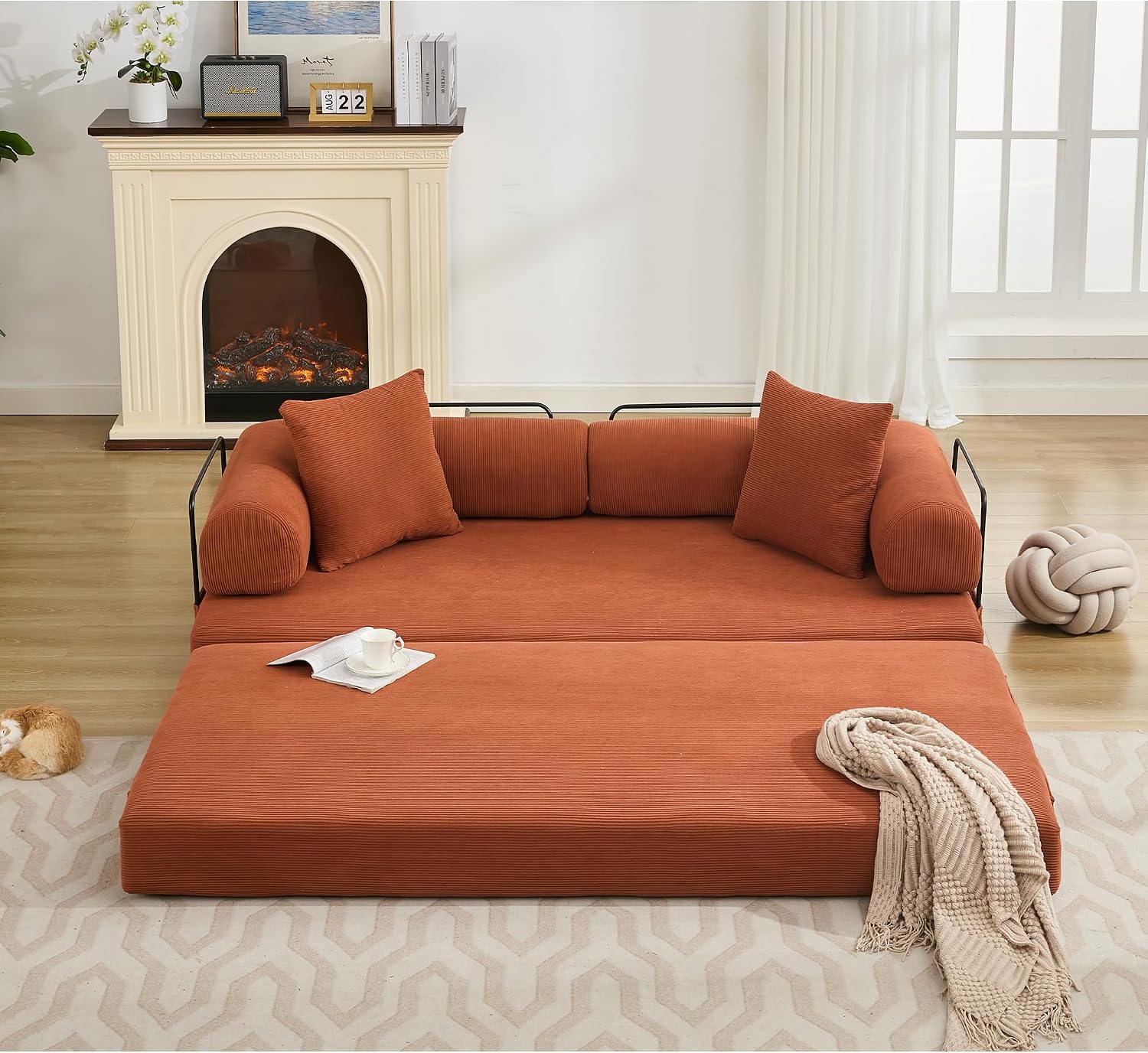 WILLIAMSPACE 78.5' Modern Loveseat Sofa Fold-Out Sofa Bed, Convertible Chair Floor Couch with Removable Backrest, Comfy King Size Sofa Bed for Living Room, Bedroom, Corduroy Fabric (Orange)