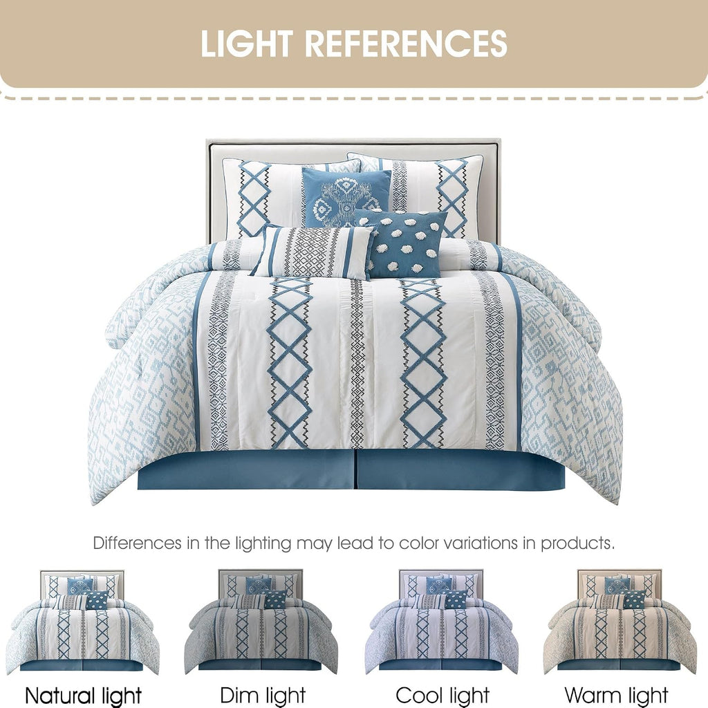 Grand Avenue Blue Comforter Set California King Size, 7 Piece Terry Embroidery All Season Bedding Set, Bedskirt, Pillows & Shams