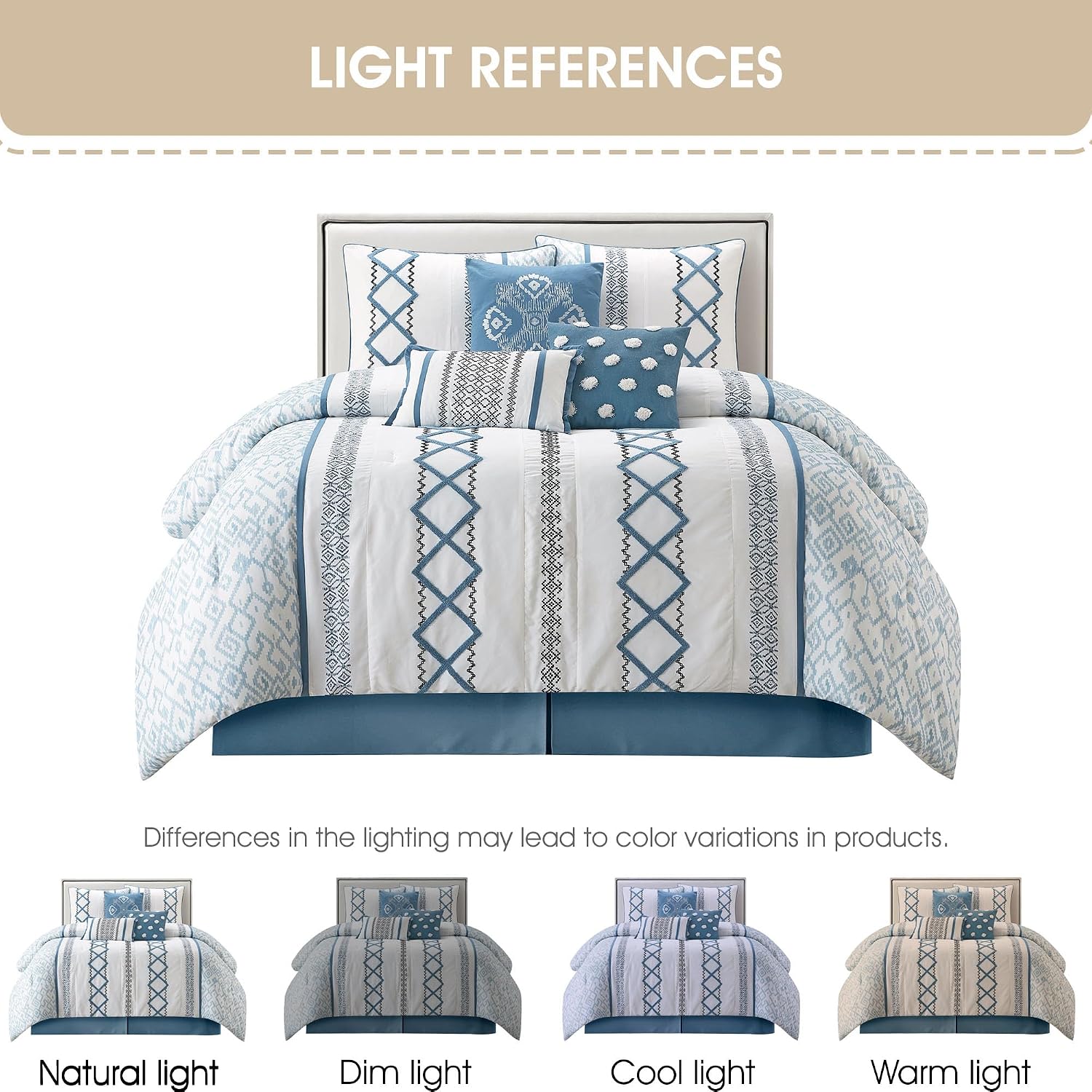 Grand Avenue Blue Comforter Set California King Size, 7 Piece Terry Embroidery All Season Bedding Set, Bedskirt, Pillows & Shams