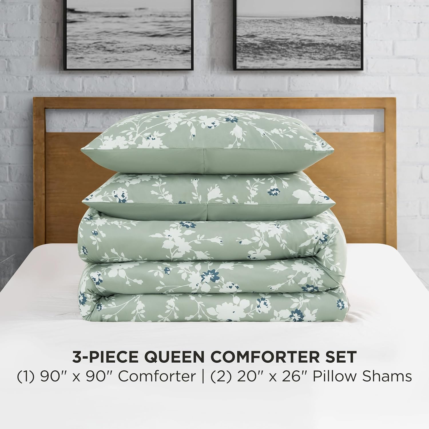 Lucky Brand Fianna Sage Green Floral Luxury 3 Piece Comforter Bedding Set - Full/Queen Size Comforter Set