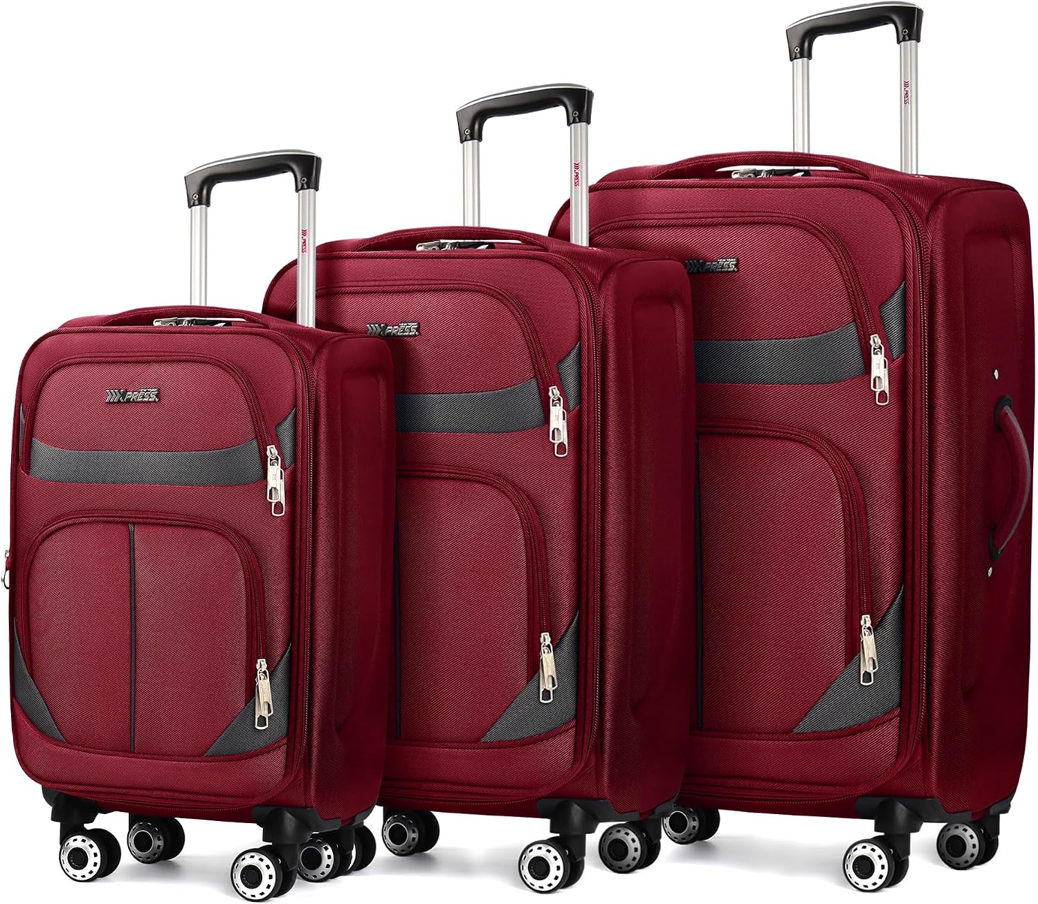 3-Piece Softside Expandable Luggage Set with Front Open Pocket,Lightweight Durable Suitcase Sets Double Spinner Wheels & w/LOCK（Burgundy-Grey,20in/24in/28in）