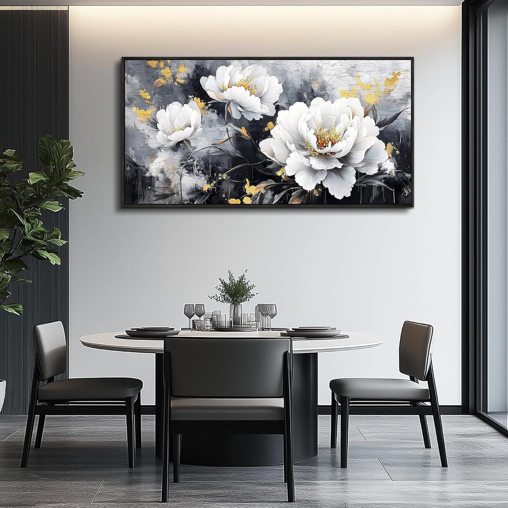 PHAOHUAXM Large Canvas Black Framed Wall Art Decor For Living Room Bedroom Abstract Painting Ink-Wash White Flowers With Home Dining Room Decorations Prints Posters Modern Room Home Decor 24'X48'