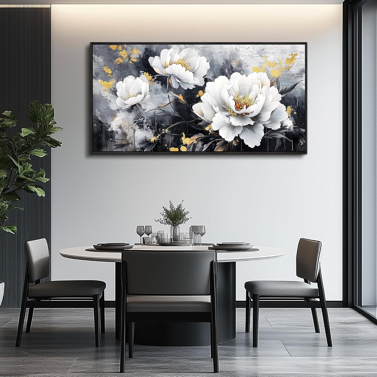 PHAOHUAXM Large Canvas Black Framed Wall Art Decor For Living Room Bedroom Abstract Painting Ink-Wash White Flowers With Home Dining Room Decorations Prints Posters Modern Room Home Decor 24'X48'
