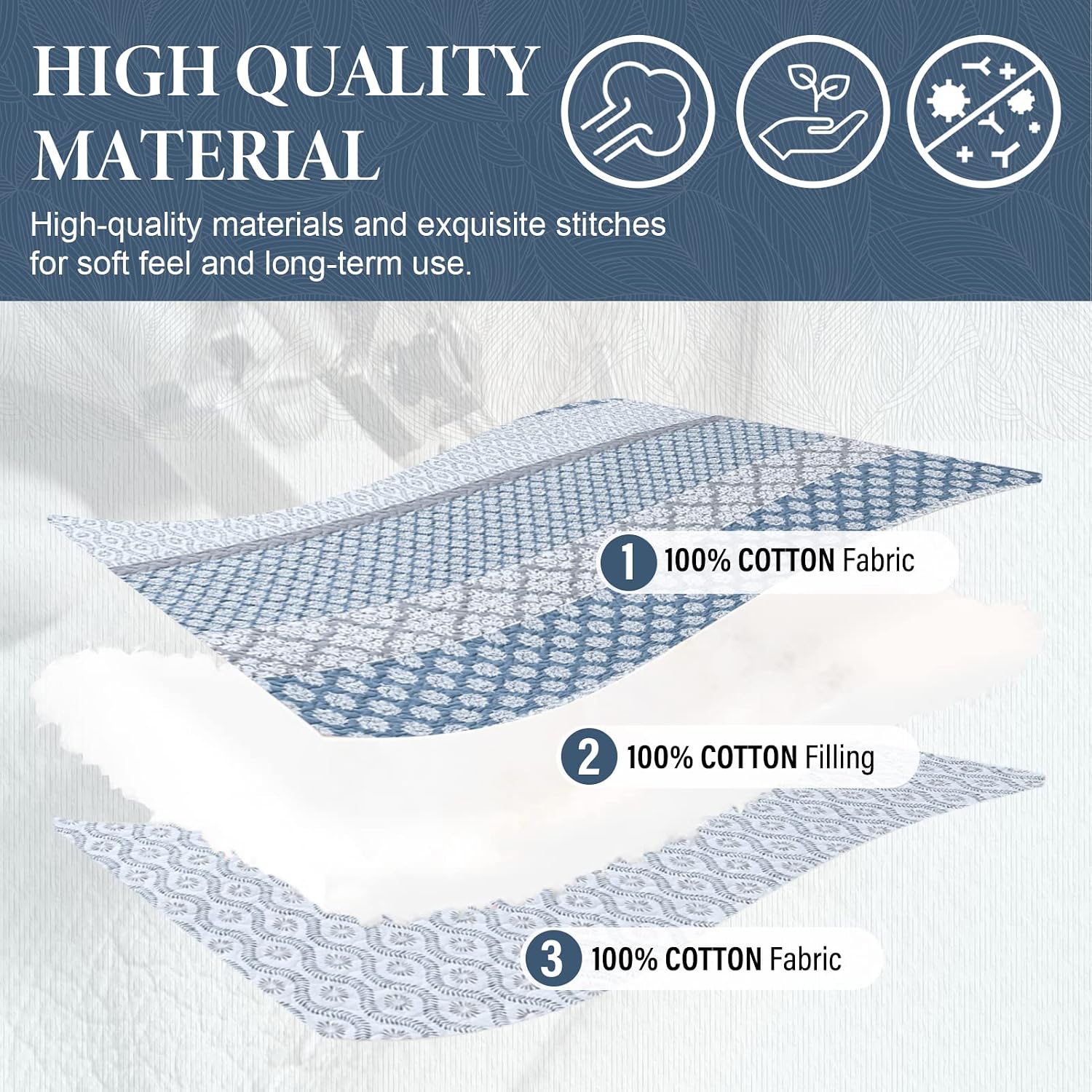 SahSahCasa Quilt King Size, King Quilt Set, 100% Cotton Floral Quilt, King Quilt Bedding Set Bedspreads, Patchwork Reversible Lightweight Comforter Bed Spread for All Season, Blue/Gray, 3 Pieces
