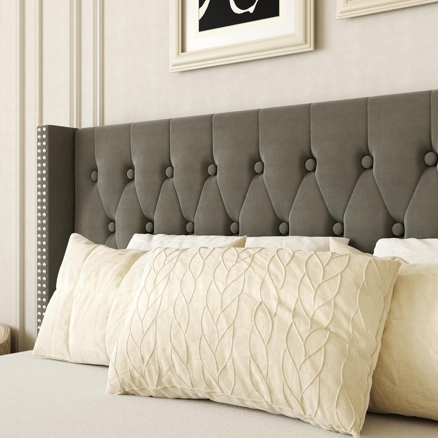 HAOARA Full Size Bed Frame, Upholstered Platform Bed with Wingback Headboard, Velvet Button Tufted, Easy Assembly, No Box Spring Needed, Green