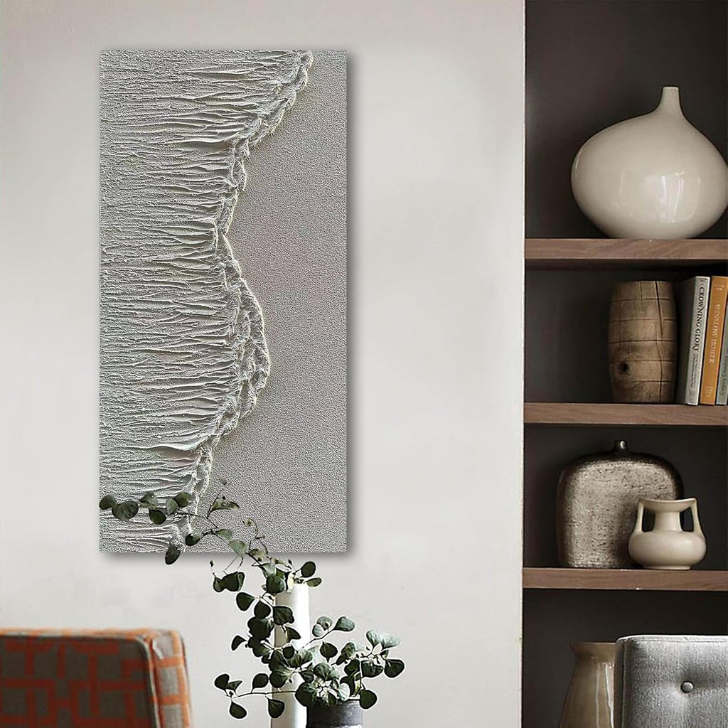 NANKAI Art Hand-Painted 48x24 inch White Wave Texture Abstract Art, Contemporary Minimalist Canvas Oil Painting, Vertical Home Living Room Corridor Wall Decoration Art