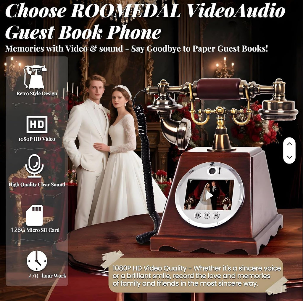 New Video Audio Guest Book Wedding Phone, 128G 1080P HD Video Audio Phone Guestbook, Creative Record Audio GuestBook for Wedding Bridal Shower, Birthday, Graduations, Baby Shower(B)