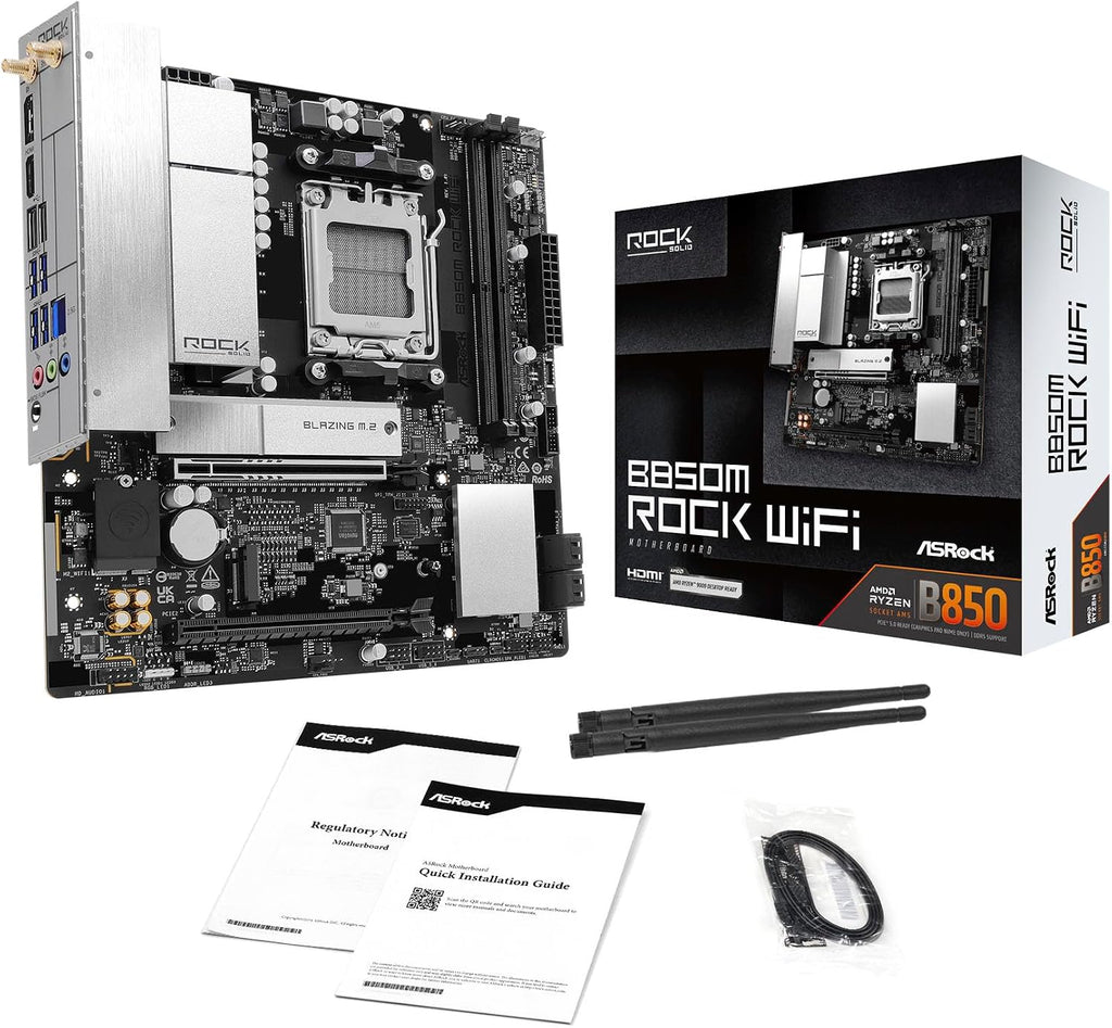 ASRock B850M Rock WiFi Socket AM5 Micro-ATX Motherboard, Supports AMD Ryzen 9000/8000/7000 Series, DDR5 8200+ (OC), PCIe 5.0, WiFi 6E, 2.5G LAN B850