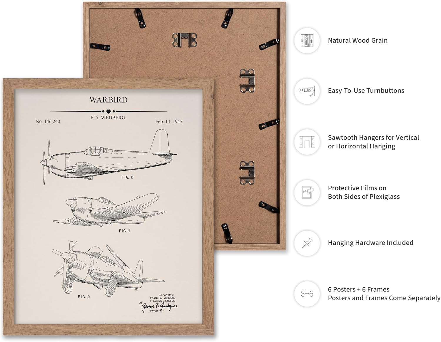 Poster Master 6-Piece Vintage Aviation Blueprint Poster - Airplane Patent Print - Aircraft Art - Aviation Design - Biplane & Warbird Print - Great Office or Living Room Decor - 8x10 Beige Framed