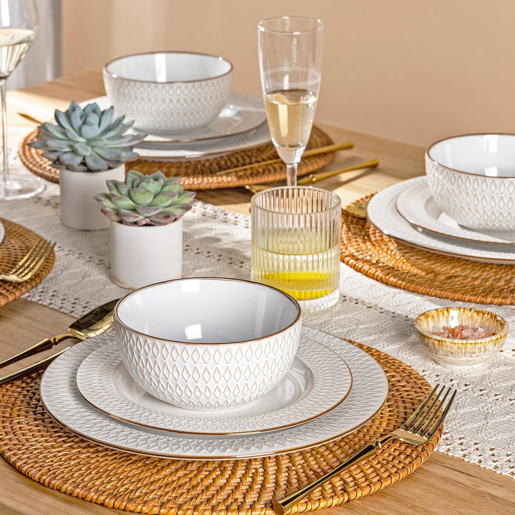 GBHOME Ceramic Dinnerware Sets, 24 pcs Embossed Elegant Stoneware Plates and Bowls Sets, Housewarming Wedding Gift | Dishwasher & Microwave Safe | Dishes Set Service for 8