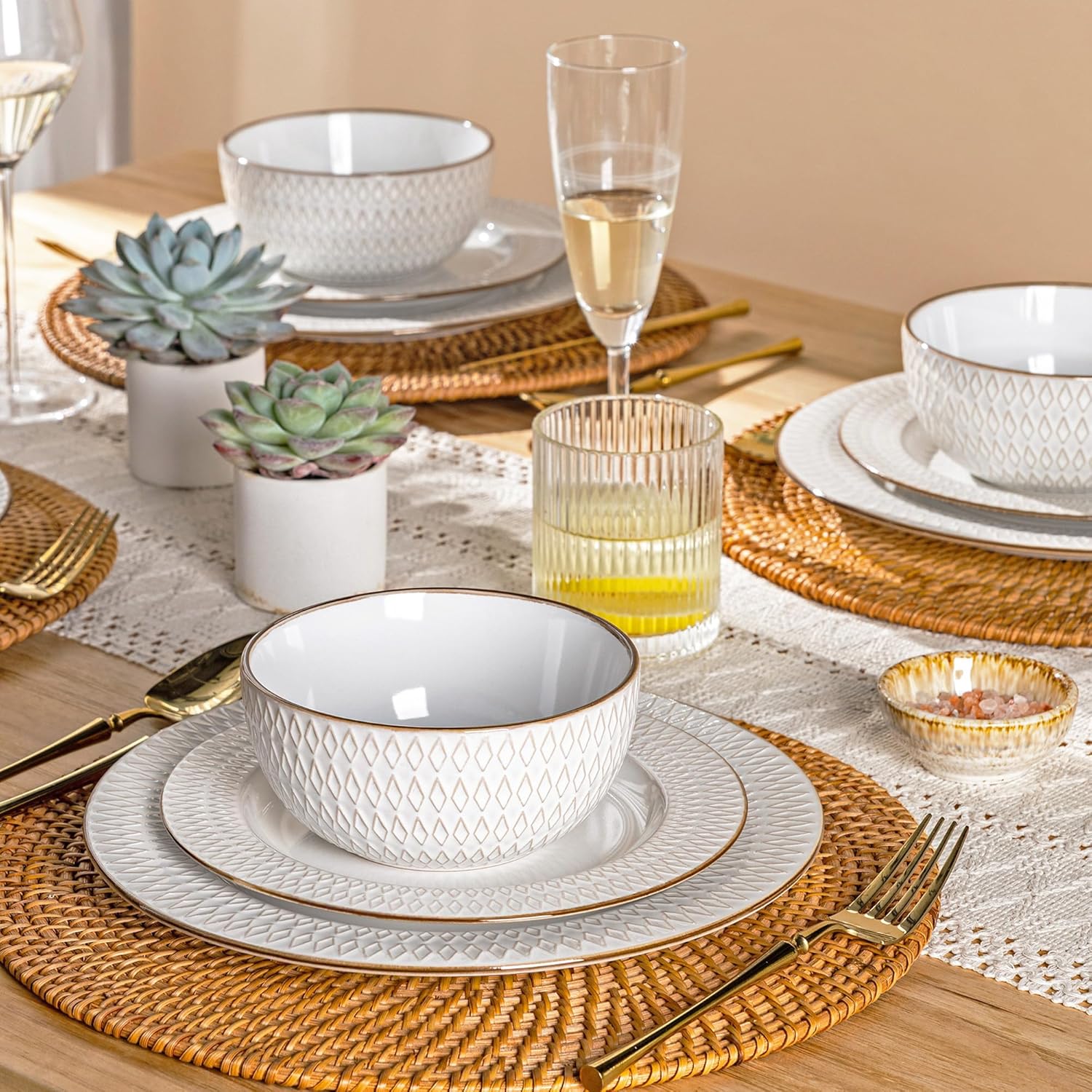 GBHOME Ceramic Dinnerware Sets, 24 pcs Embossed Elegant Stoneware Plates and Bowls Sets, Housewarming Wedding Gift | Dishwasher & Microwave Safe | Dishes Set Service for 8