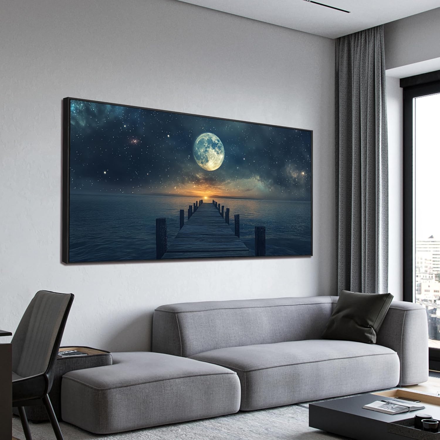 Canvas Wall Art Decor Large Framed Wall Art Prints Wall Art Pictures for Living Room Canvas Art Wall Decor Landscape Coastal Wall Art Star Moon Artwork for Walls Home Office Aesthetic Decor 29' x 58'
