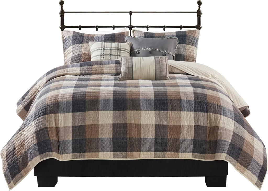 Madison Park Reversible Quilt Cabin Lifestyle Plaid Design - All Season, Breathable Coverlet Bedspread Bedding Set, Matching Shams, King/Cal King(104'x92'), Neutral 6 Piece