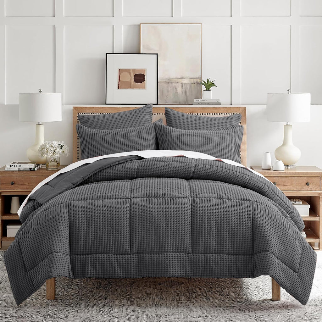Levtex Home Mills Waffle Full/Queen Comforter Set (90x94in) with 2 Pillow Shams (26x20in) - Charcoal - 100% Cotton Full/Queen Size Comforter Set - Soft, Pre-Washed