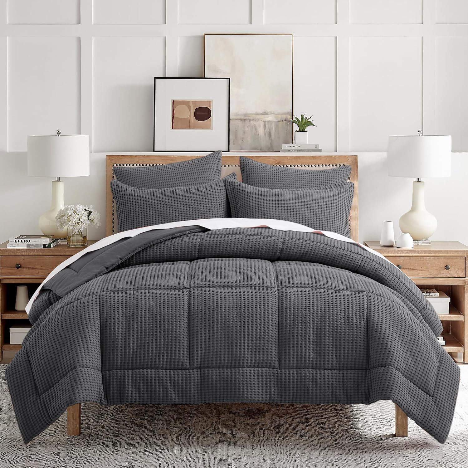Levtex Home Mills Waffle Full/Queen Comforter Set (90x94in) with 2 Pillow Shams (26x20in) - Charcoal - 100% Cotton Full/Queen Size Comforter Set - Soft, Pre-Washed