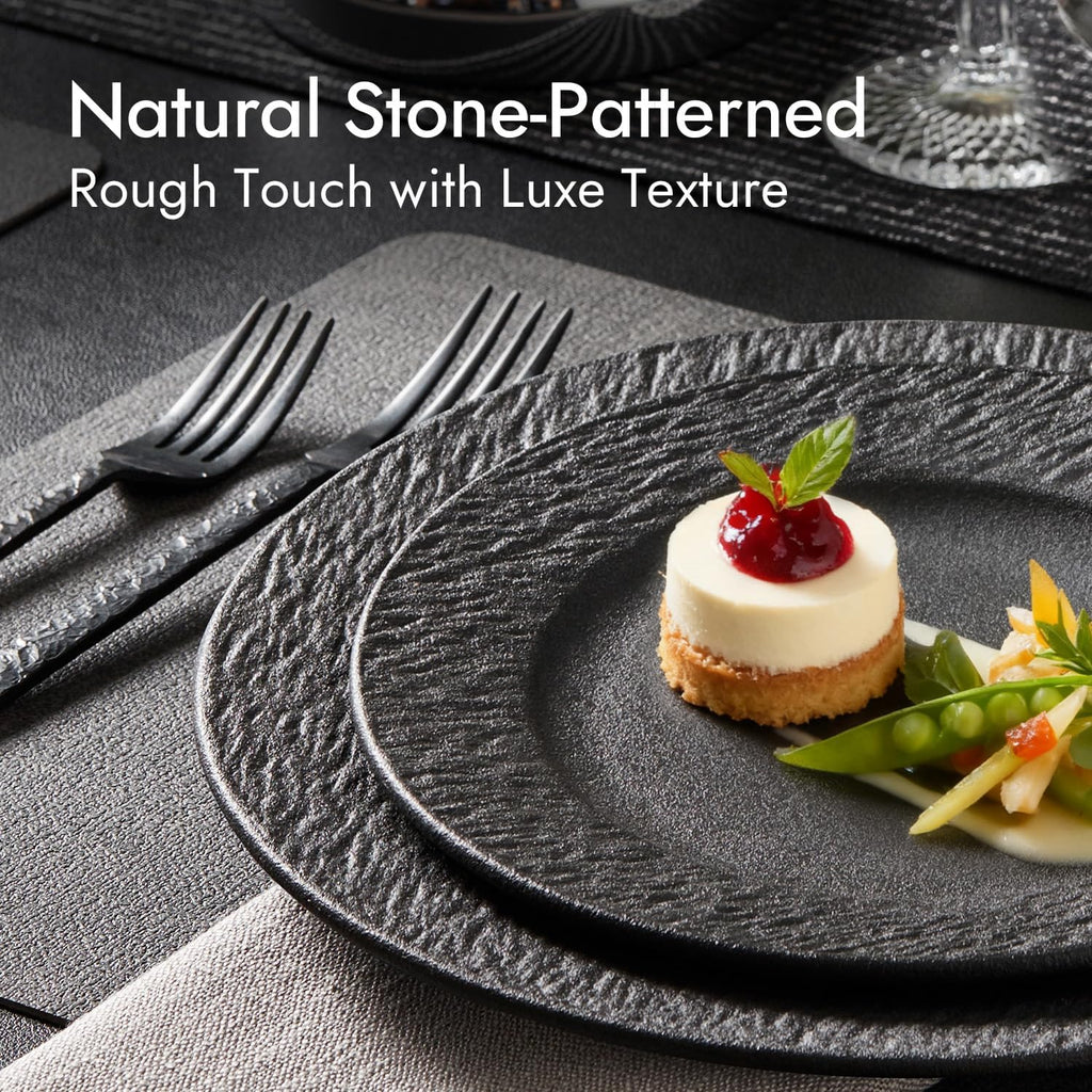 KINGSTONE Black Dinnerware Sets, 12-Piece Matte Marble Pattern Premium Porcelain, Place Setting with Dinner Plate, Salad Plate, Pasta Bowl, Microwave and Dishwasher Safe